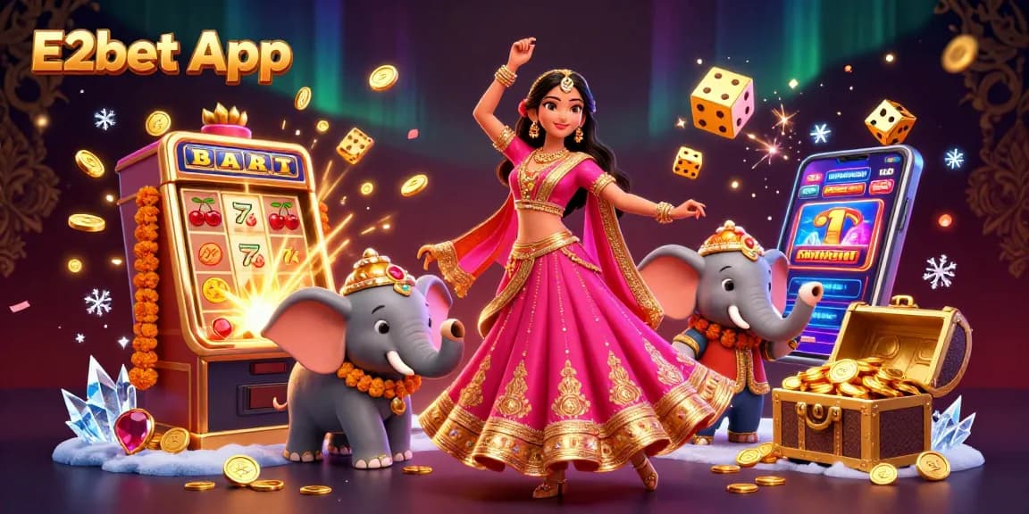 Engage with the vibrant E2bet App casino world featuring a stunning Asian woman and playful elephant amidst thrilling gaming elements.