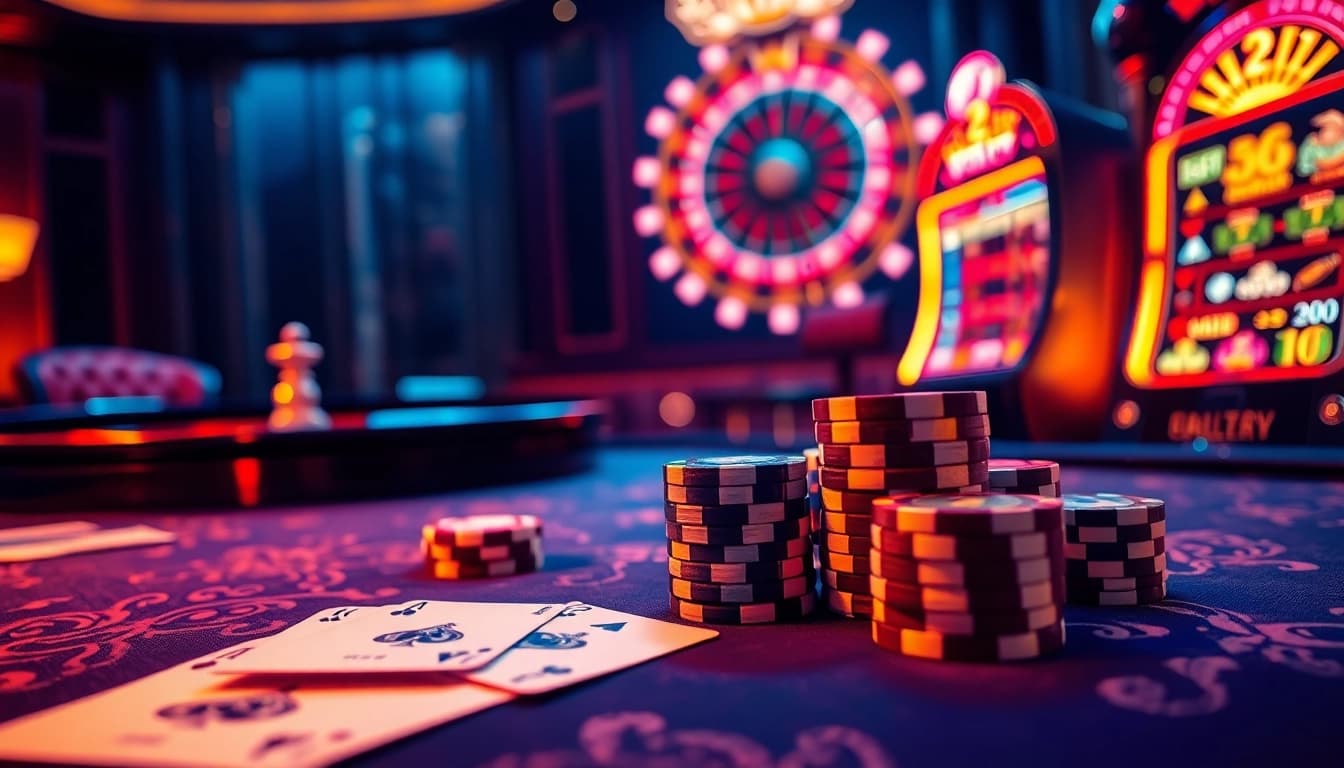 Experience the excitement of E2bet with stunning casino visuals featuring poker chips and a roulette wheel.