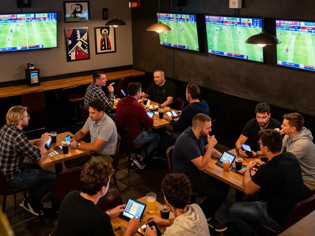 Fans watching sports matches and placing bets at a TR88 sports betting lounge, capturing excitement in real-time.