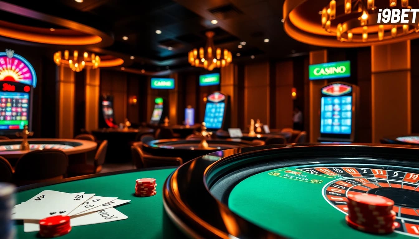 I9BET online casino scene with luxurious tables and vibrant chips, engaging players in high-stakes gaming.