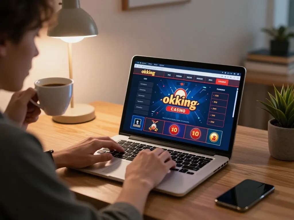 Engaging online gambling with okking platform on laptop, cozy home setup