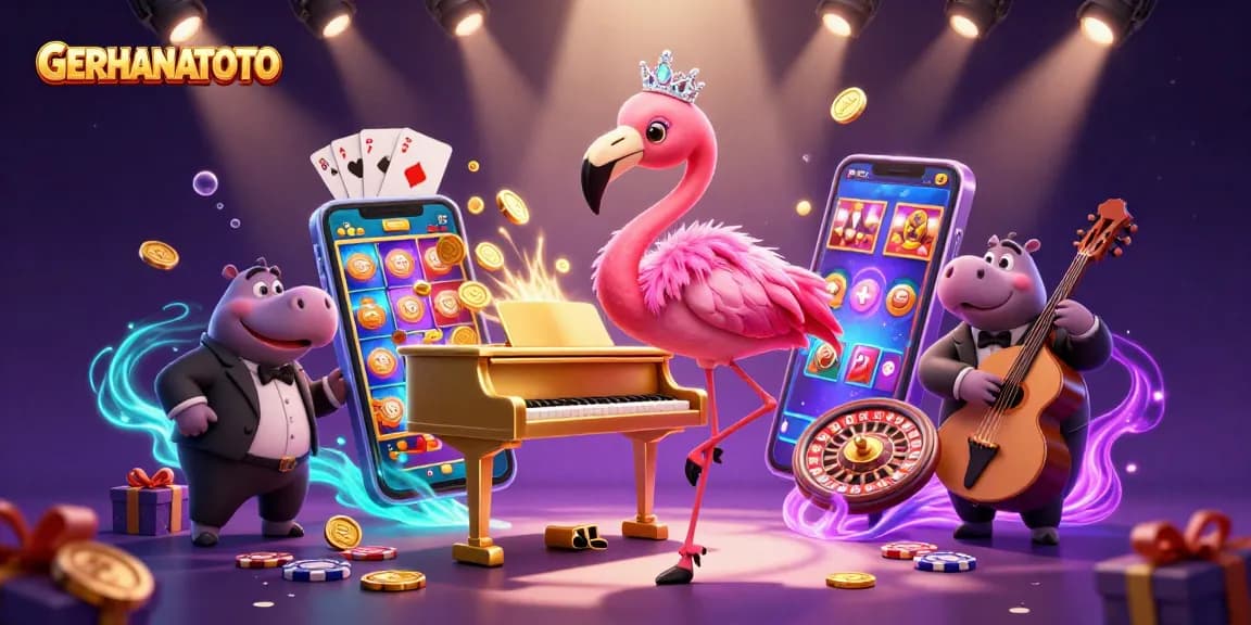 GERHANATOTO menampilkan penyanyi flamingo di kasino dengan efek cahaya yang menggembirakan.