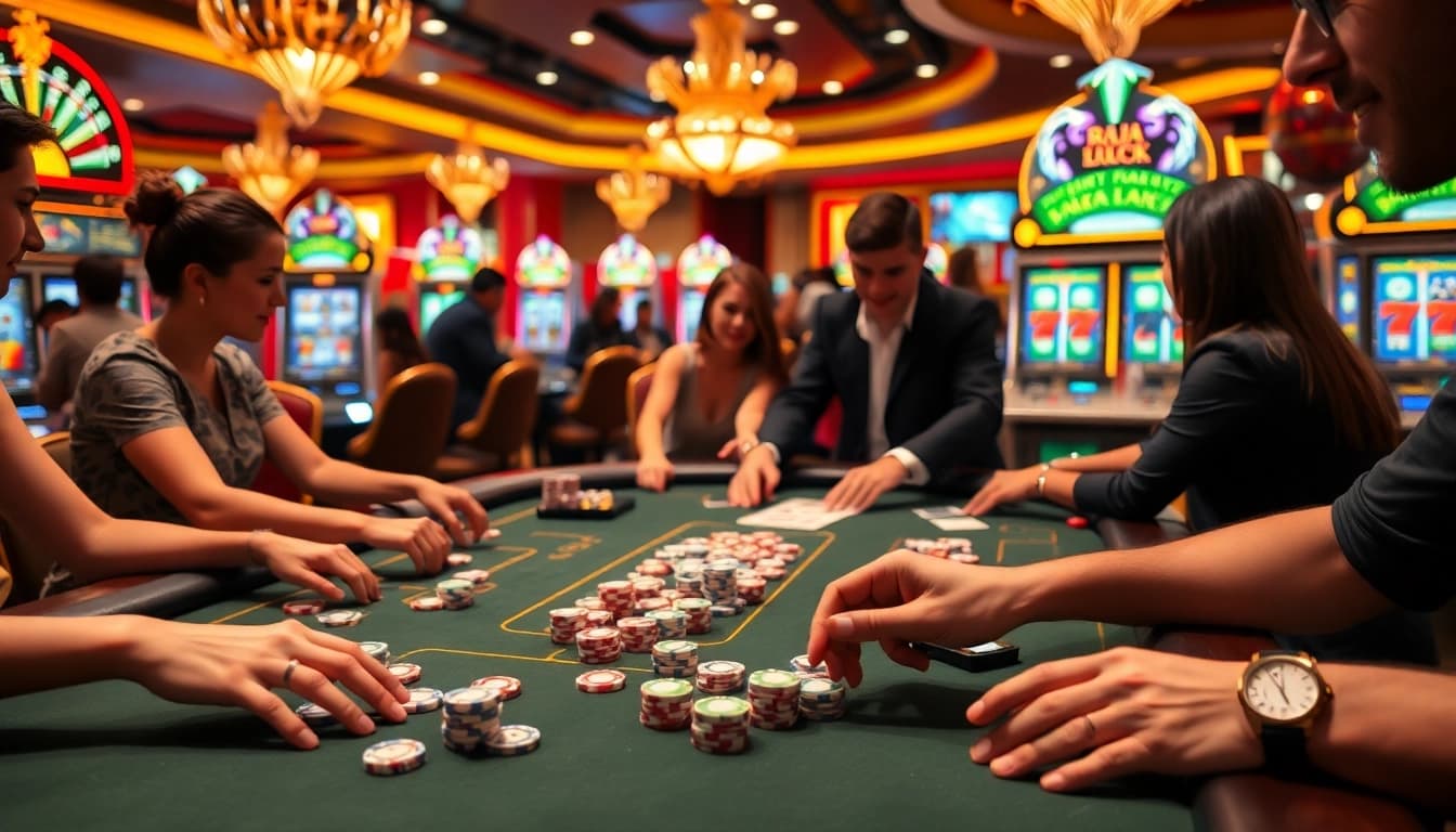 Raja Luck gaming excitement with players at a vibrant casino table and slot machines.