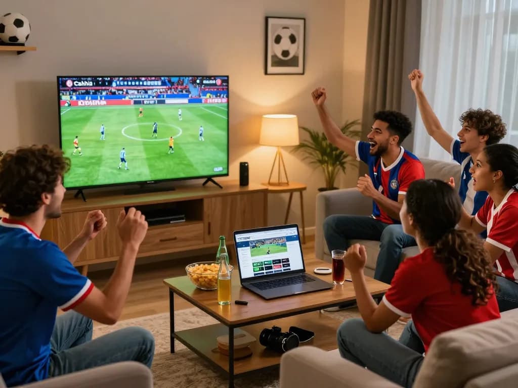 Cakhia TV football fans watching a live match together in a cozy living room, showcasing their excitement.