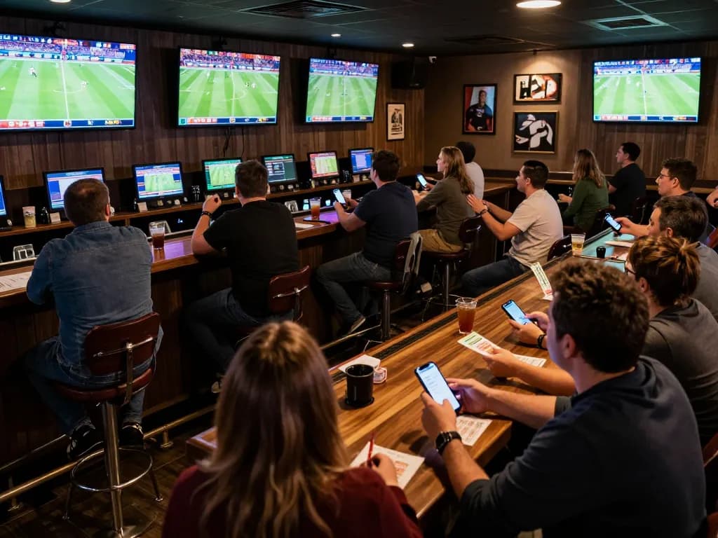 Patrons engaging in sports betting at a lively bar with ALO8 app on screen.