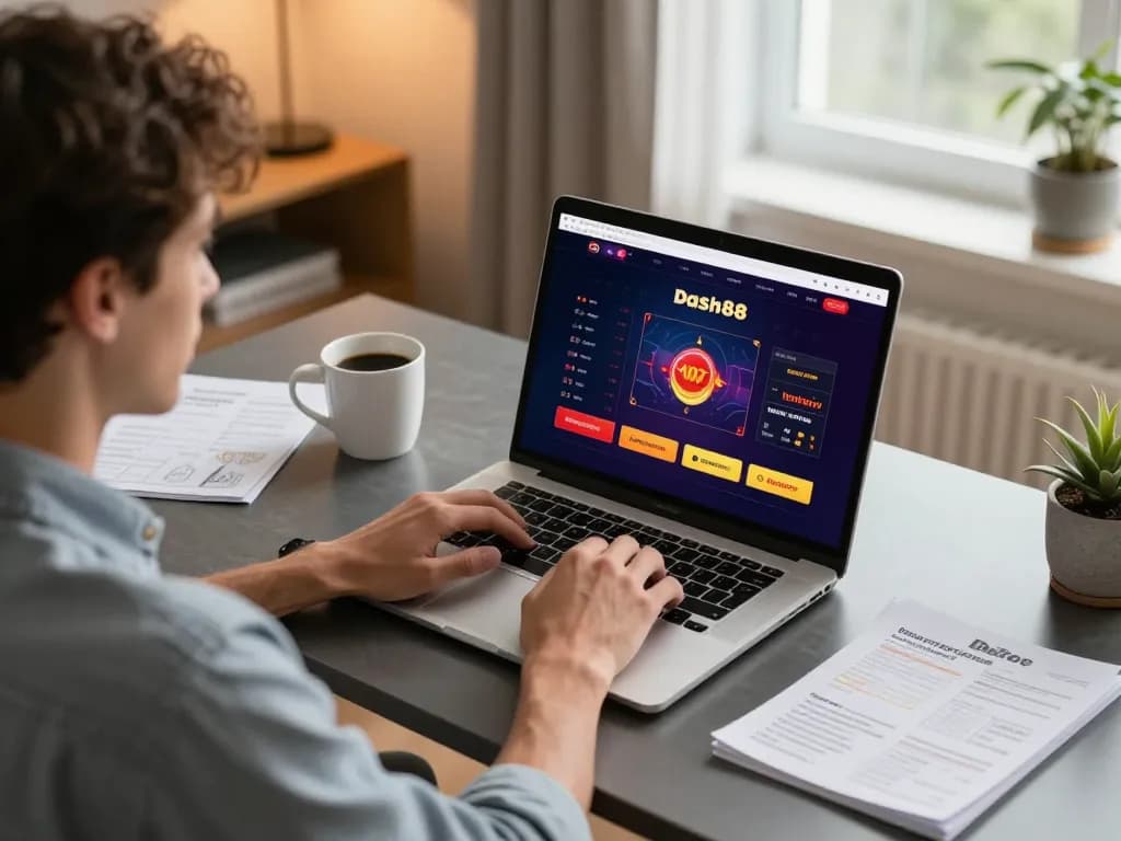 Engaged player exploring online gaming at Dash88, showing strategy notes at cozy home setup.