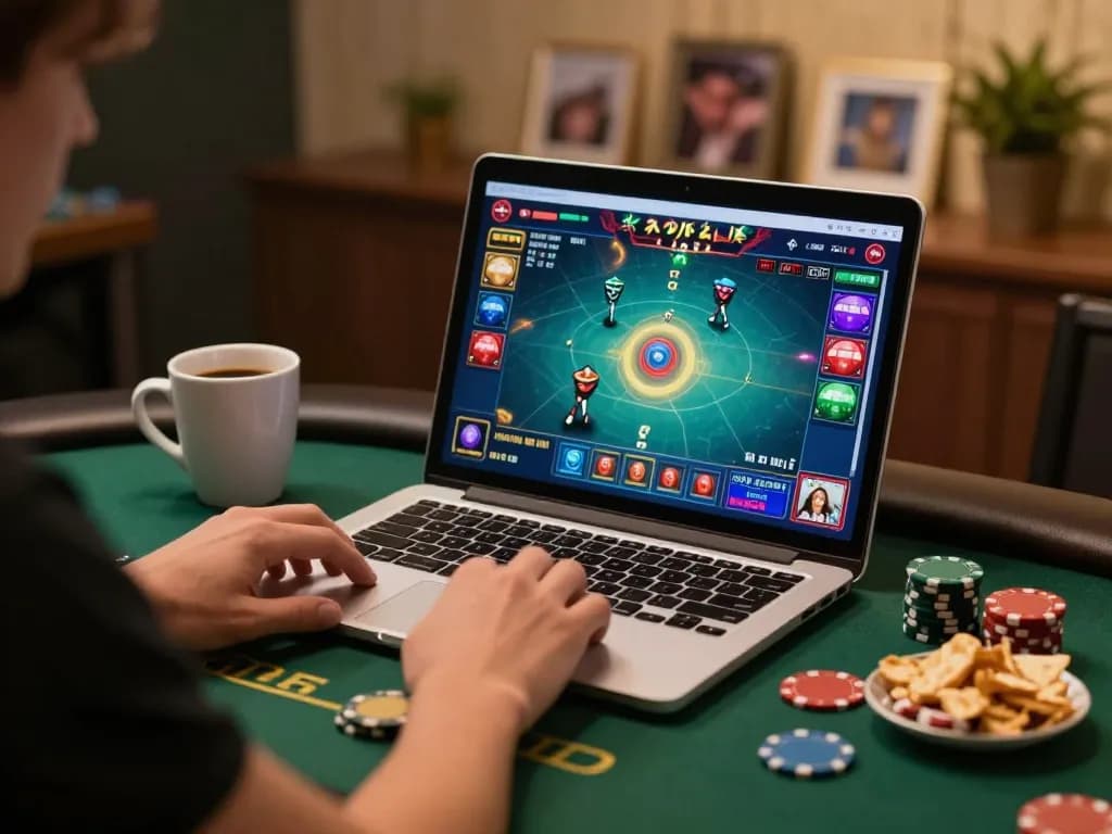 may88 player strategizing during online poker game with engaging visuals and cozy setting