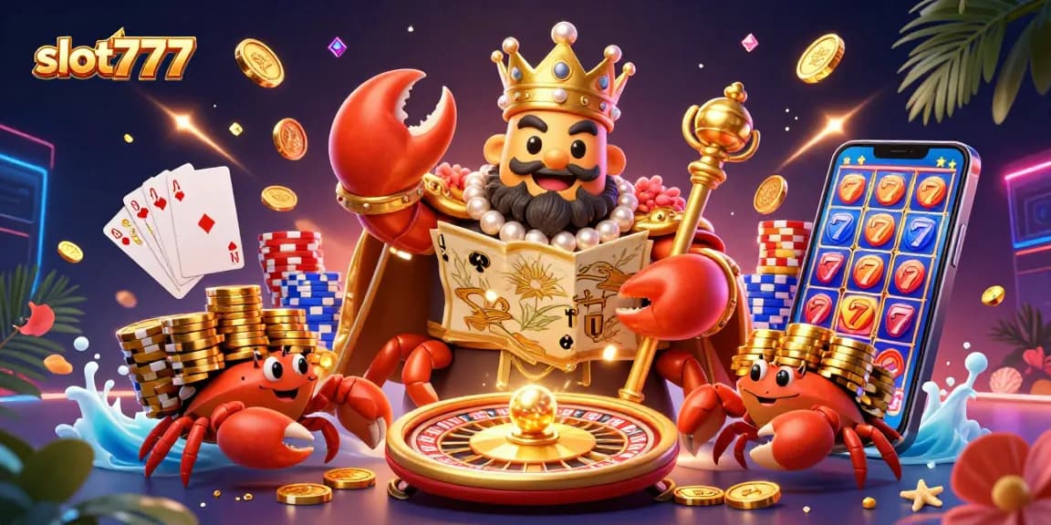 Engage with slot777 through a vibrant illustration showcasing a golden crab emperor and slot elements like lucky sevens and roulette.
