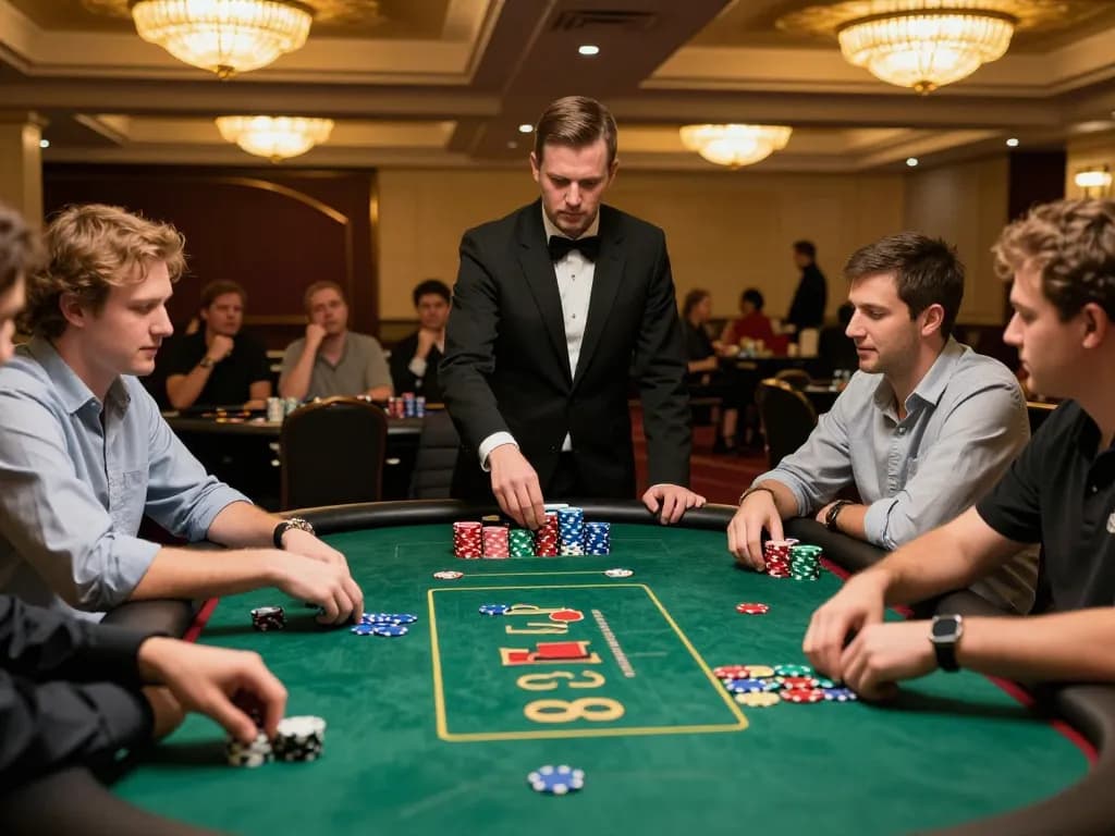 LIGA2000 engages players at the poker table during a high-stakes game, showcasing strategy and excitement in an upscale casino.