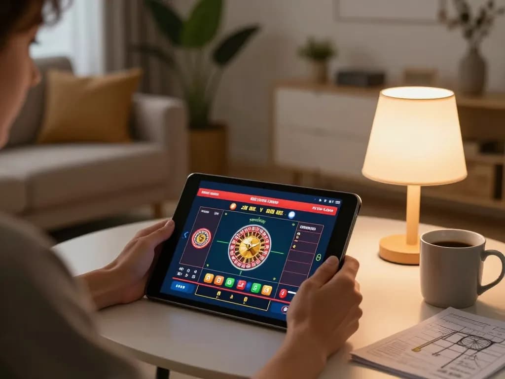 Engaging in online casino USA gaming at home with a roulette game interface on tablet.