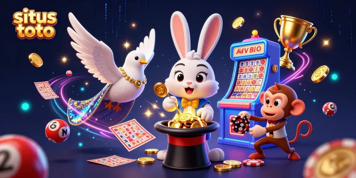 Engage in situs toto with a festive scene featuring a magician rabbit, dove, and playful monkey celebrating lottery excitement.