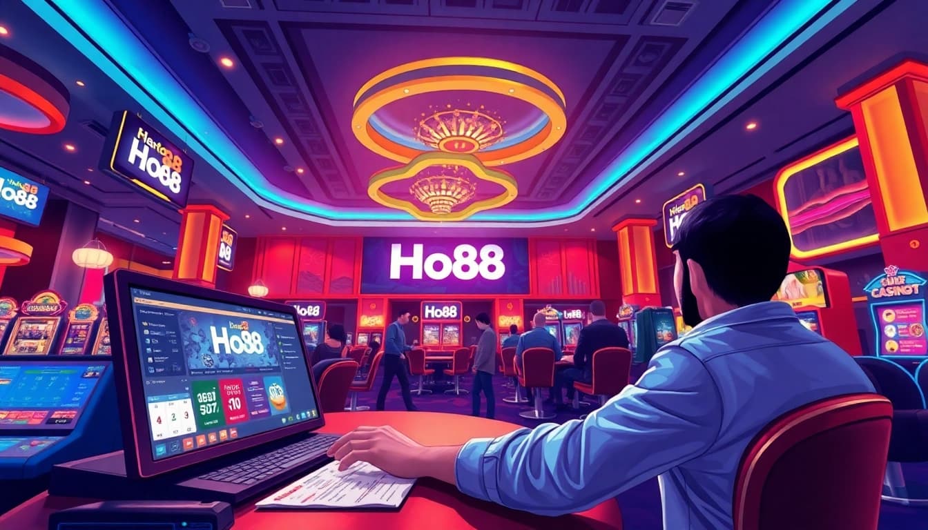 Engaged user in a vibrant casino setting with Ho88 branding, showcasing interactive gambling.