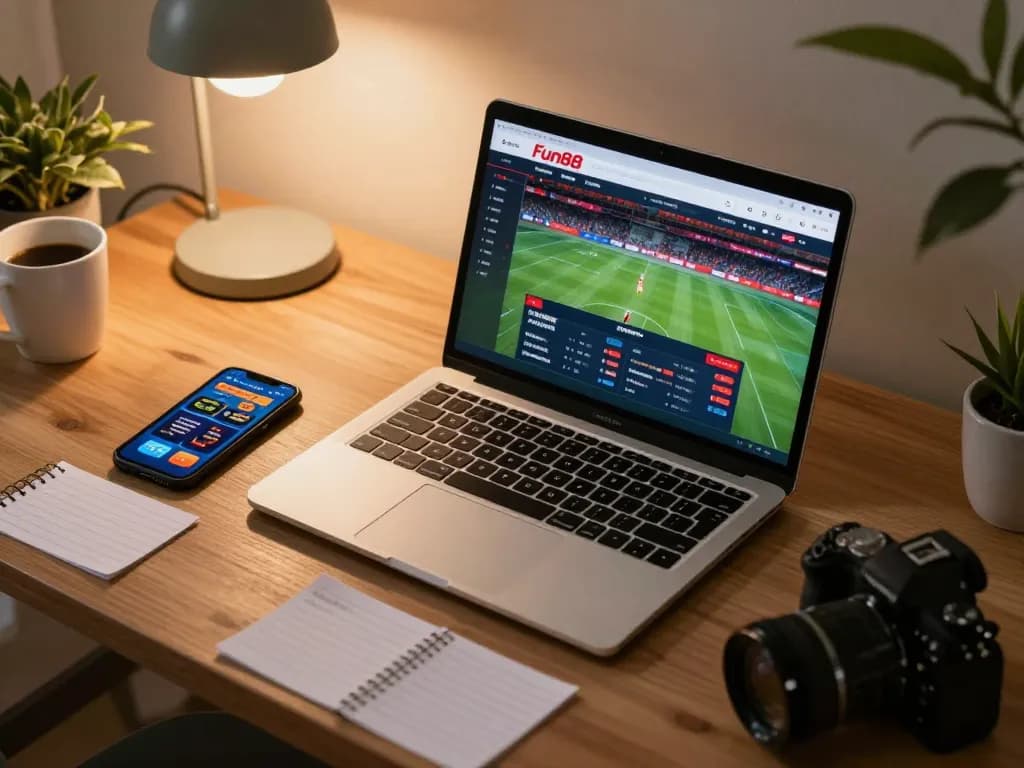 Experience Fun88 sports betting at home with a laptop, smartphone, and strategic notes on display.
