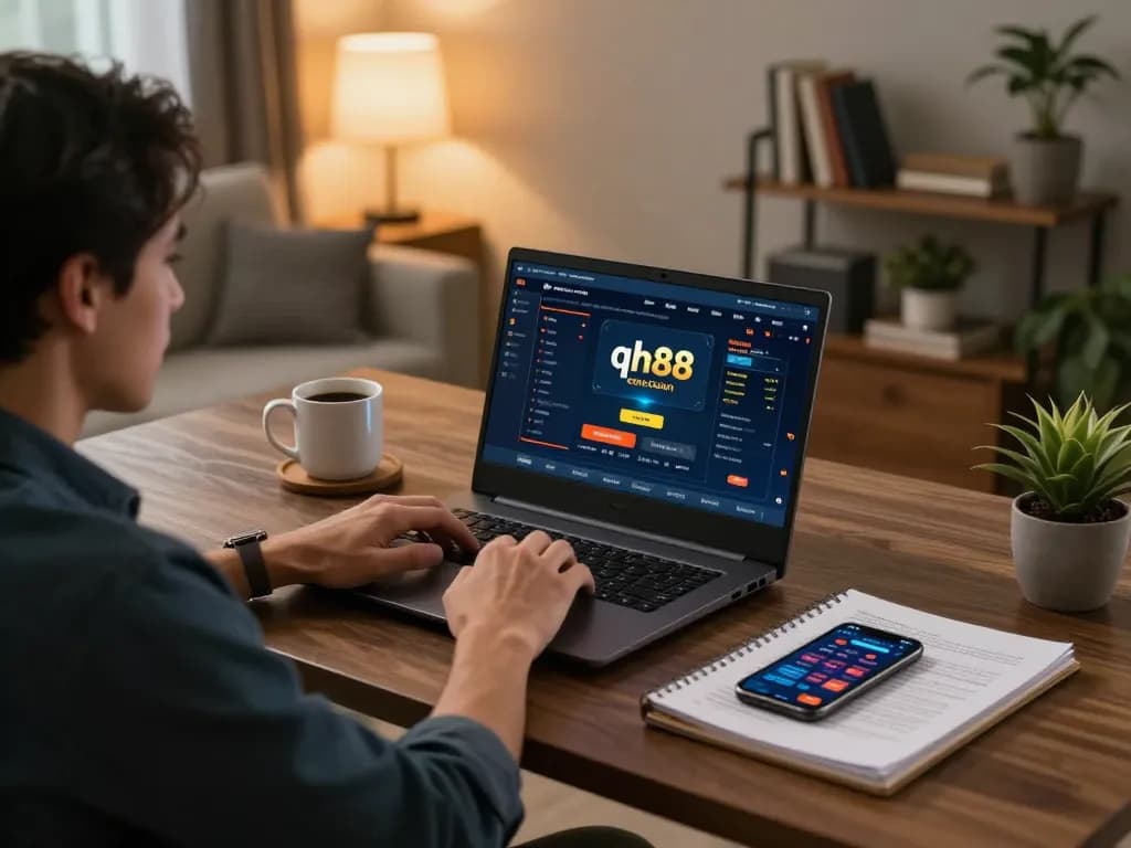 Player engaging with qh88 online casino interface on a laptop in a stylish home office environment.