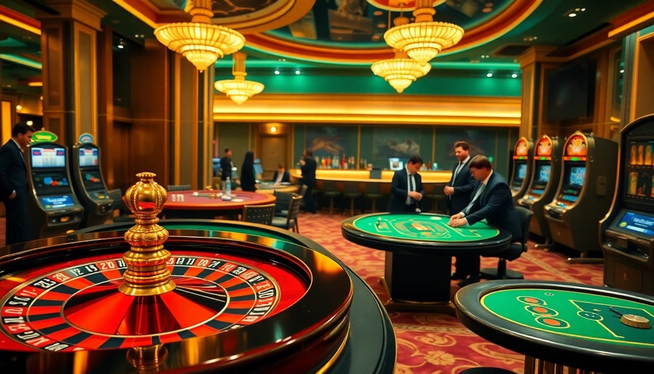 Experience the excitement of เว็บตรง bk8 at a luxurious casino featuring roulette tables and vibrant slot machines.