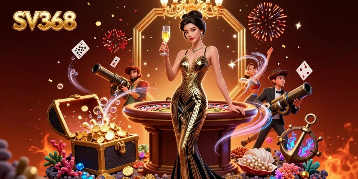 Experience thrilling gameplay at SV368 featuring an elegant woman in a glamorous casino setting with games and treasures.
