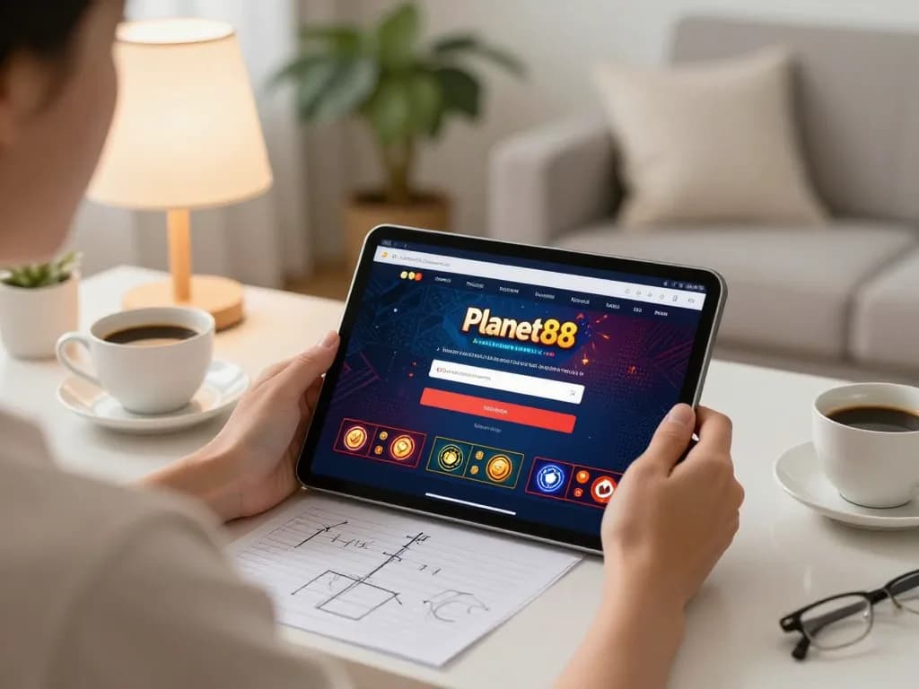 Engaging in online slots gaming on Planet88 login platform from a cozy home setup, showcasing strategy notes and tablet.