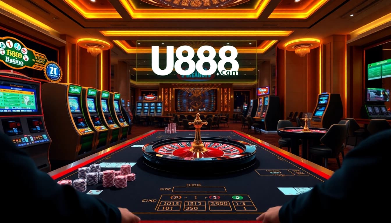 Experience the thrill of U888 Com with a luxurious casino setting featuring poker chips and a roulette wheel.