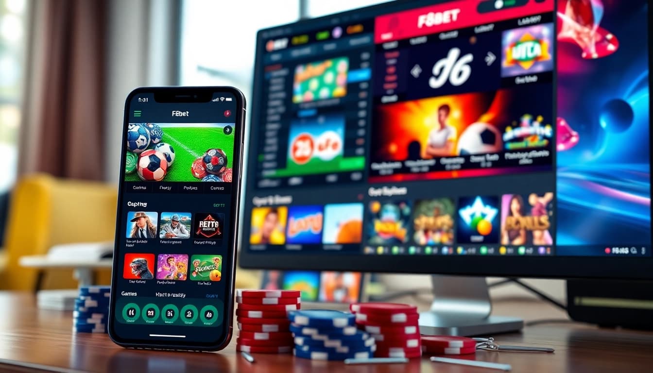 Exciting online gaming interface of F8BET showcasing diverse betting options on smartphone and desktop.