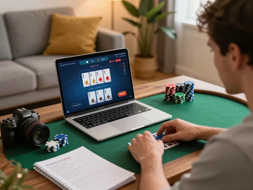 Player participating in an online poker game through 123B MVP, showcasing strategy notes and comfortable home setting.