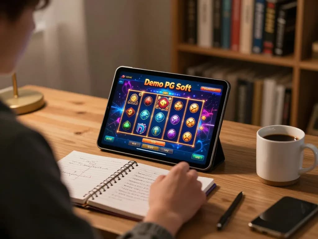 Terlibat dalam permainan slot Demo PG Soft di tablet dalam suasana rumah yang nyaman.
