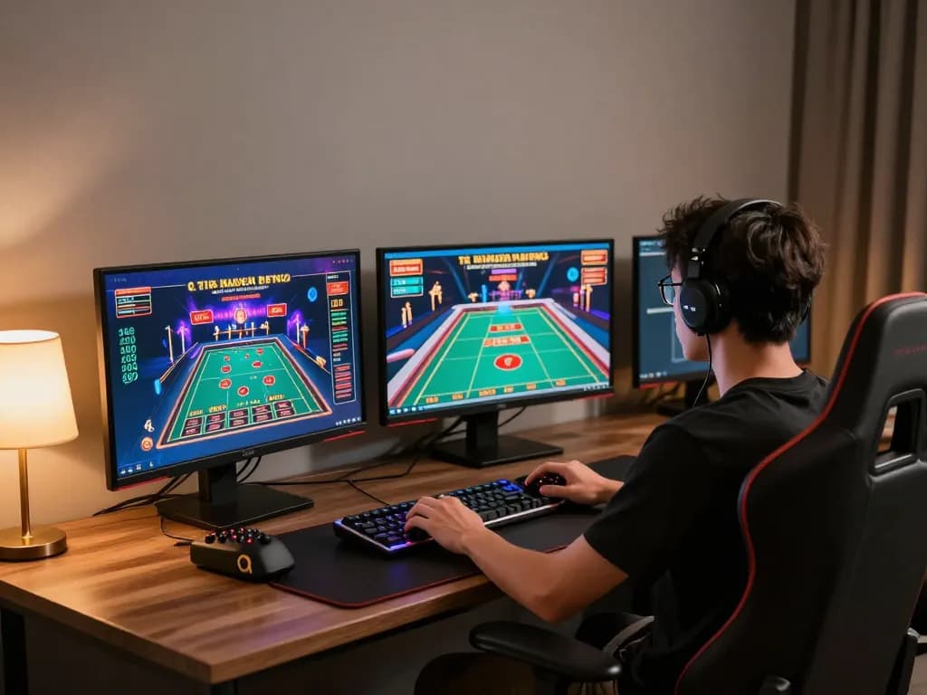 Player engaging in online casino games on fo88 platform with multiple screens and a strategic gaming setup.