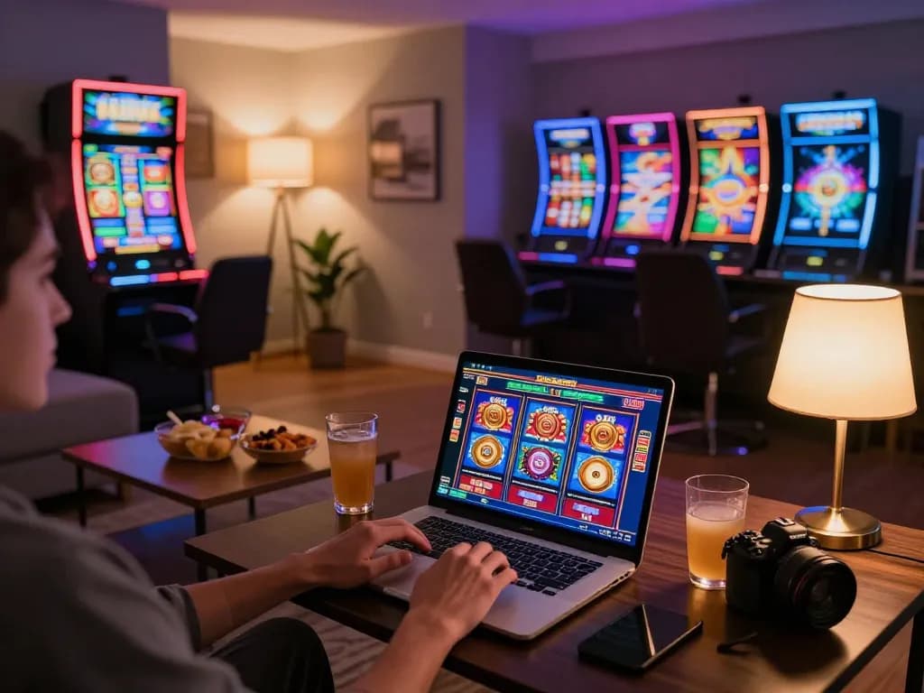Bermain slot tokyo88 yang menarik di laptop di ruang tamu yang nyaman dengan camilan.