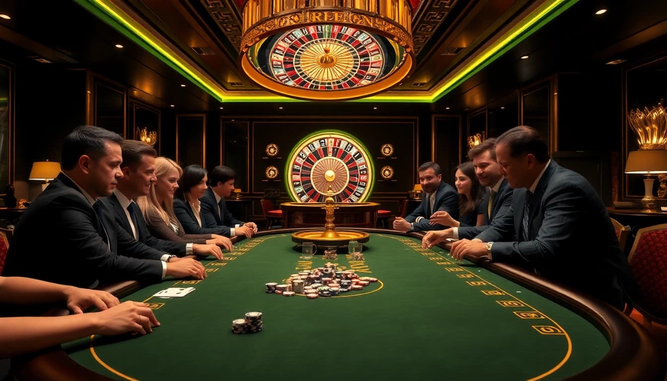 Players enjoying an exciting poker game at J88's luxurious casino setting.