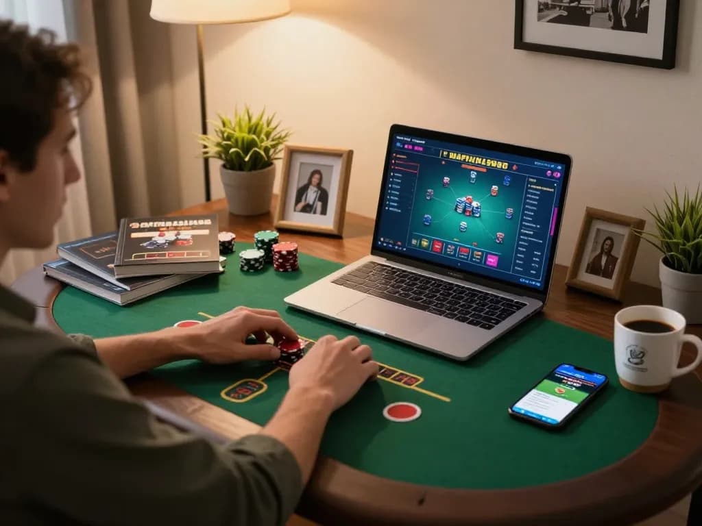A player engages in an online poker game using a laptop while analyzing f8beta2 betting strategies in a cozy environment.