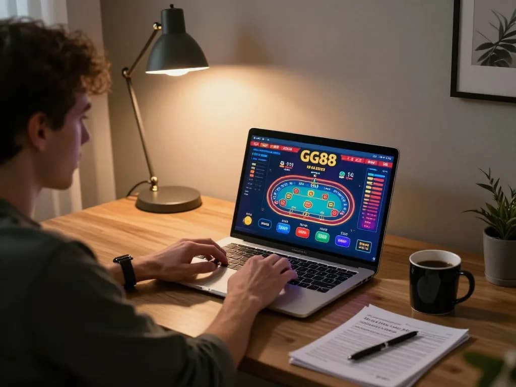 Player enjoying GG88 online casino experience on laptop with engaging live games, strategic notes nearby.