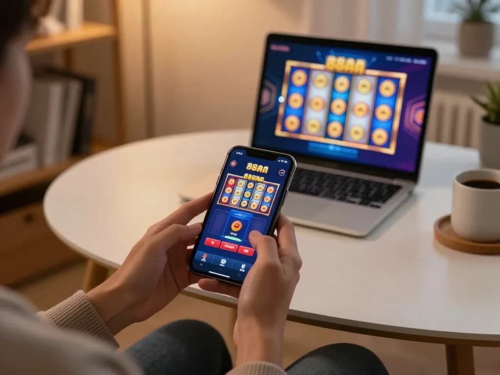 Engaging in online gaming with 88aa casino app on a smartphone in a cozy home.