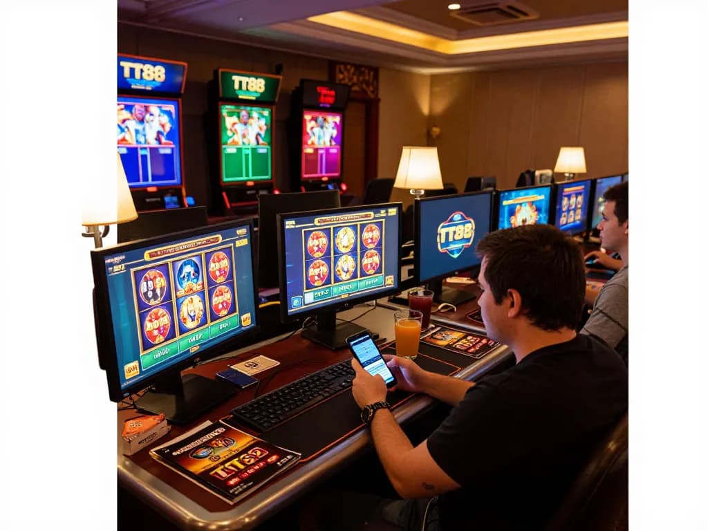 Engage with TT88 online casino slots on a vibrant gaming screen during cozy gaming night.