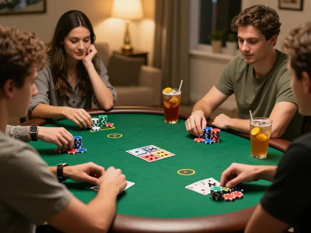 Teman-teman menikmati permainan poker yang meriah di rumah, menciptakan momen tak terlupakan dengan suasana SURYA999.