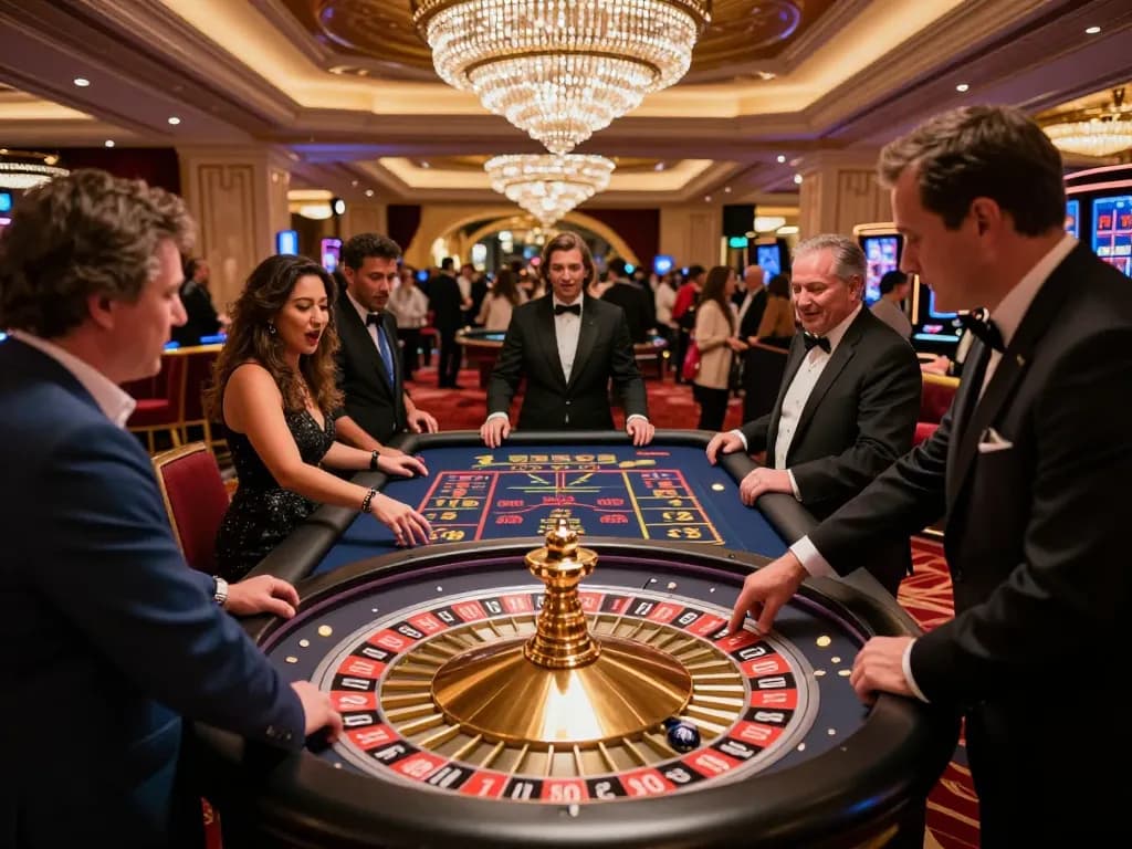 Pemain yang terlibat memasang taruhan di meja roulette di kasino Vegas mewah yang menampilkan suasana mpi2121.