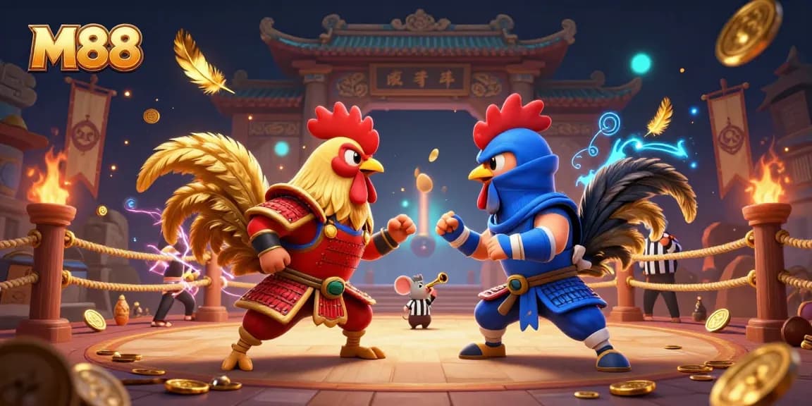 M88 showcases a dramatic twin rooster standoff in an enchanting fighting arena filled with betting tokens.