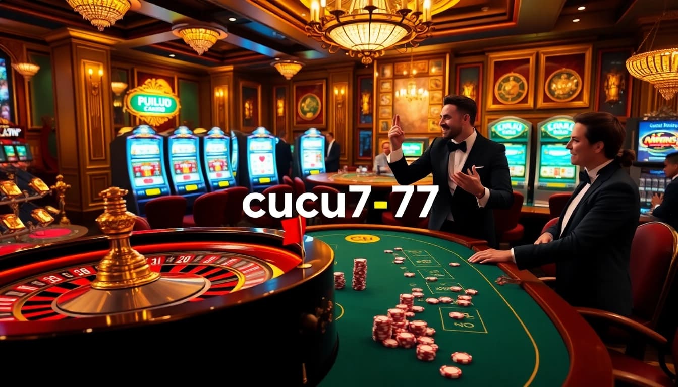Engaged players enjoying a thrilling moment at cucu777 casino with roulette wheel and vibrant slot machines.