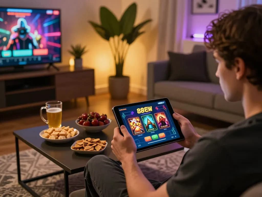 Player exploring the 888NEW casino app on tablet in a cozy setting, enjoying snacks and warm ambiance