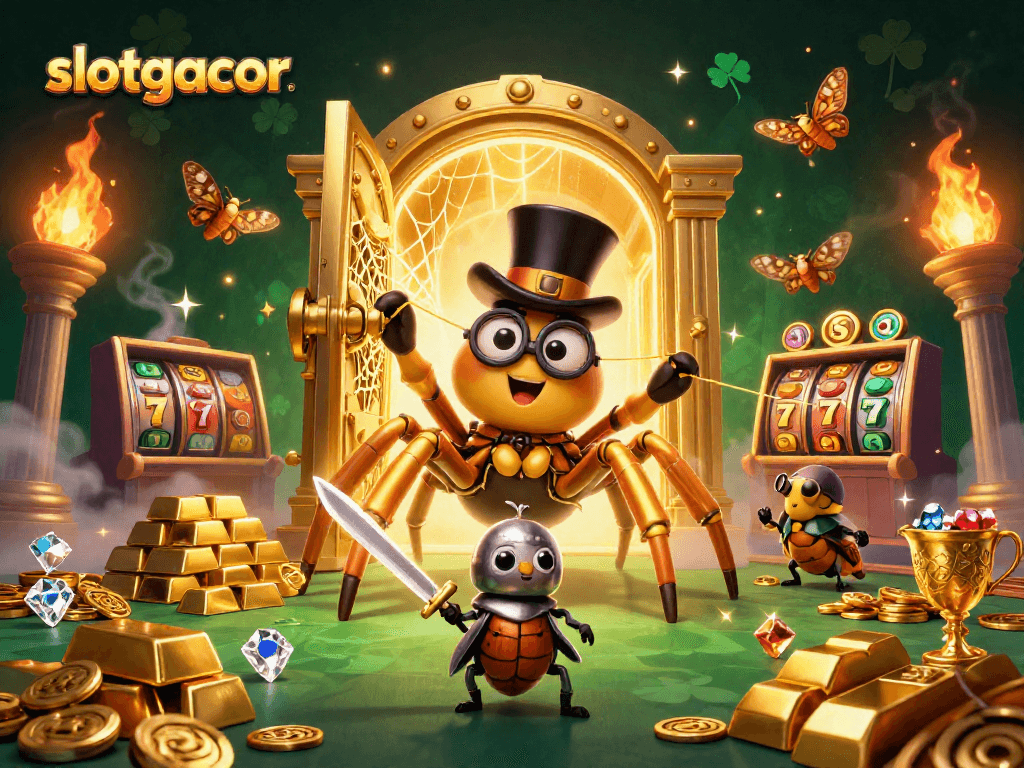 Engage with slotgacor by spinning the reels in a vibrant, treasure-filled casino scene.