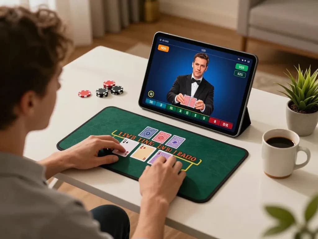 Engaging user plays live dealer blackjack online, showcasing transcrime in modern home gaming.