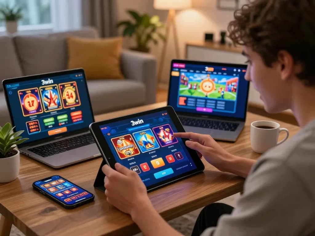 Engaged user experiencing 3win online gambling interface in cozy setting
