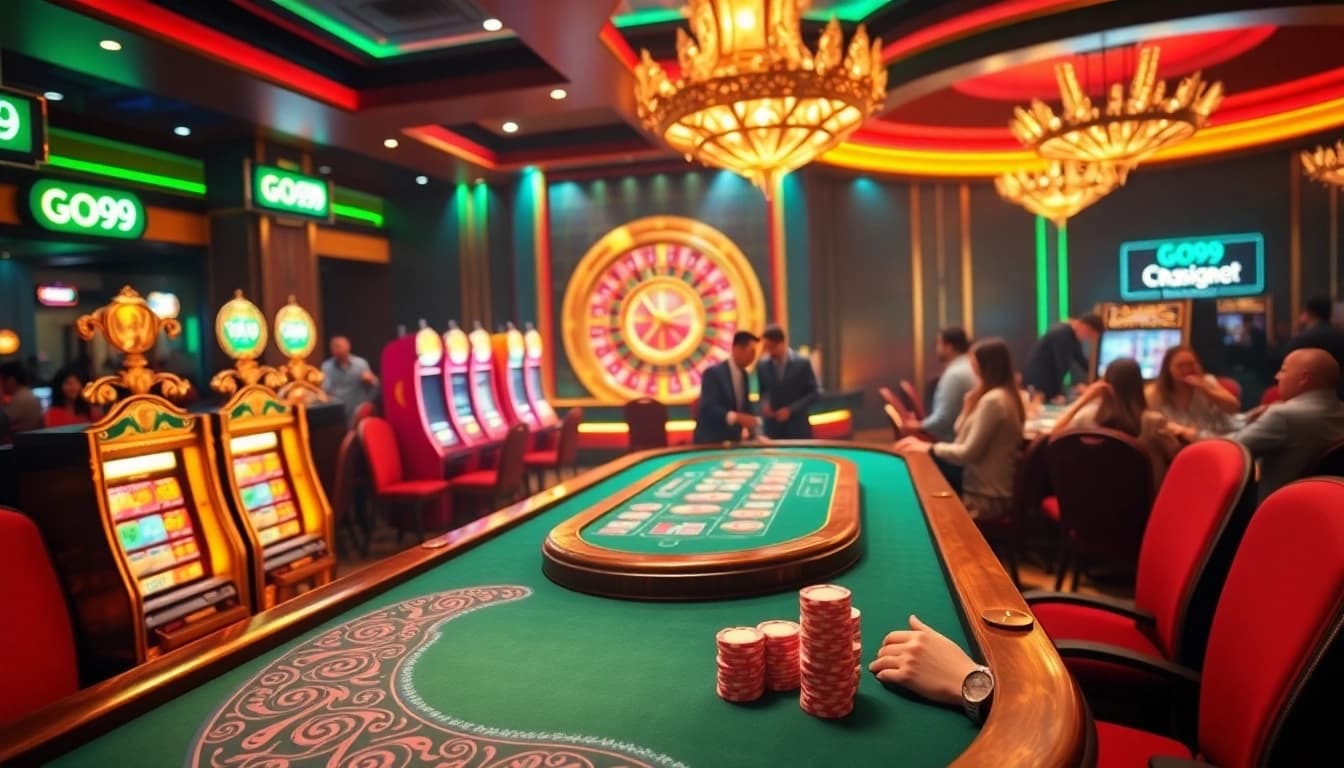 Engage in thrilling gameplay at the GO99 casino, featuring vibrant slot machines and an exciting poker table.
