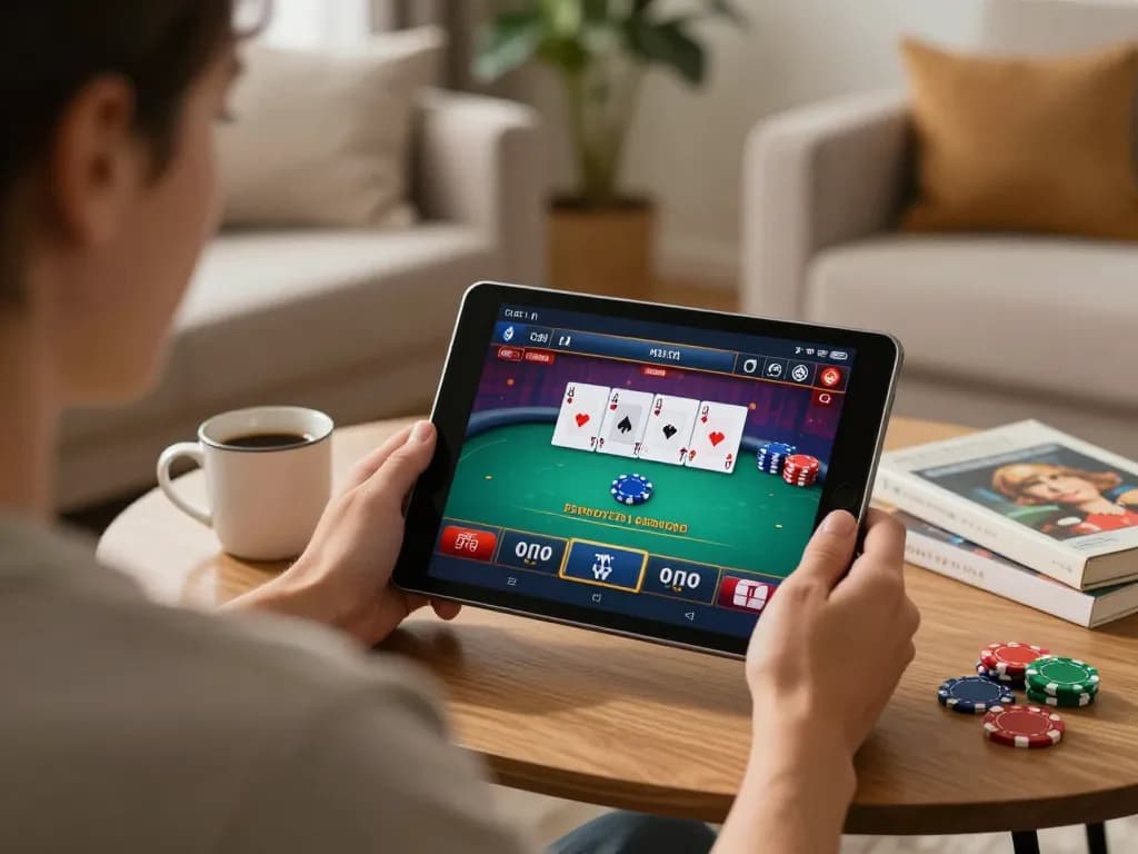Engaging poker gameplay on trang chủ jun88 with someone analyzing cards on a tablet