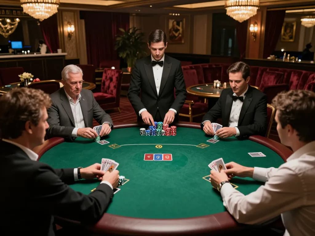Players strategizing during an elegant JUN88 poker game in a luxurious casino setting