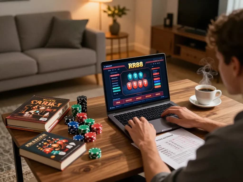 Engaging with the RR88 online casino platform from a cozy home setting, showcasing poker chips and strategy notes.