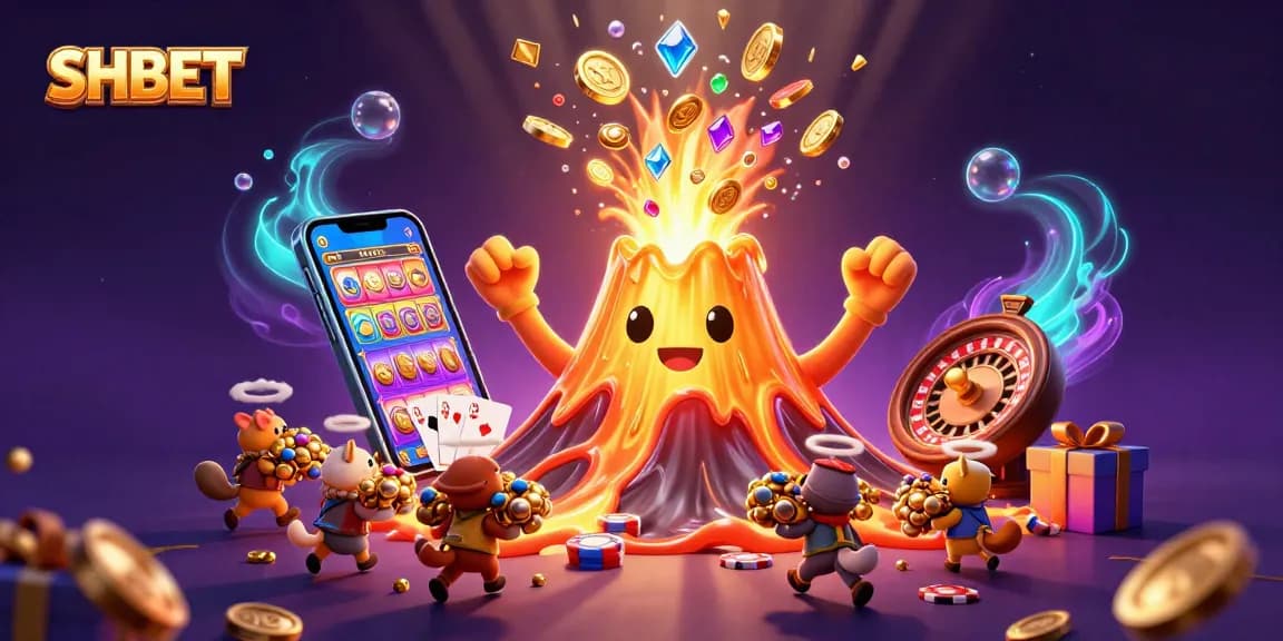 SHBET showcases a triumphant golden volcano amidst a treasure eruption in an exciting casino scene.