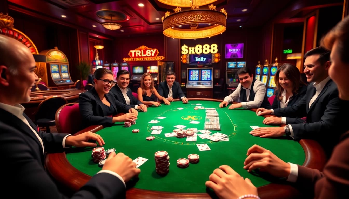 Engaging players in a thrilling TR88 casino experience with poker chips and cards.