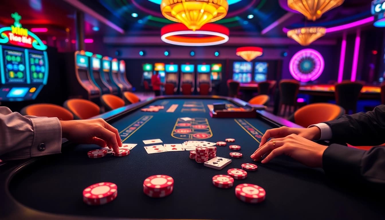 Rikvip players engage in exciting gambling activities at a vibrant casino table with poker chips and cards.