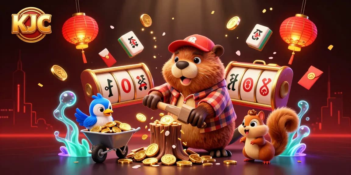 KJC showcases a lively scene with golden coins raining from a tree, symbolizing exciting online casino experiences.