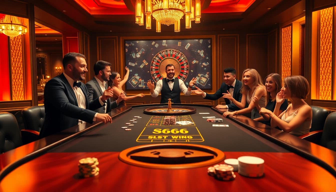 S666 players celebrating a big win at a luxurious casino table