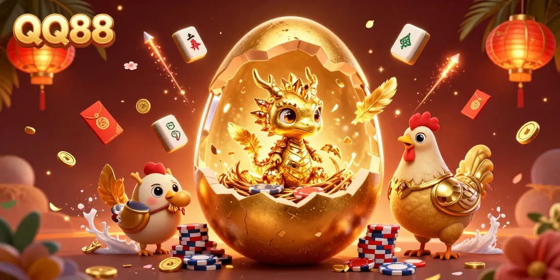 Engage in thrilling gameplay at QQ88 with a golden dragon guarding treasures in a vibrant casino world.